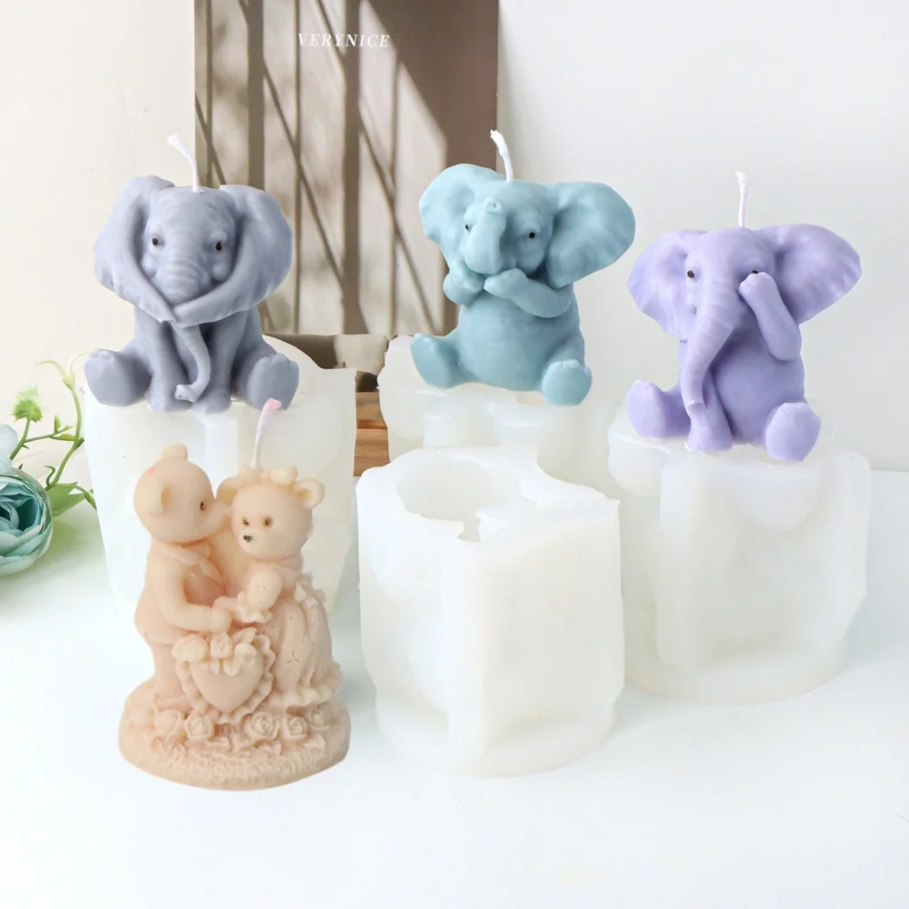 Baby Elefant Kerze Silikon Form DIY Paar Bär Aroma Statue Harz Handgemachte Werkzeug 3D Nette Tiere Designs Seife Form Wohnkultur