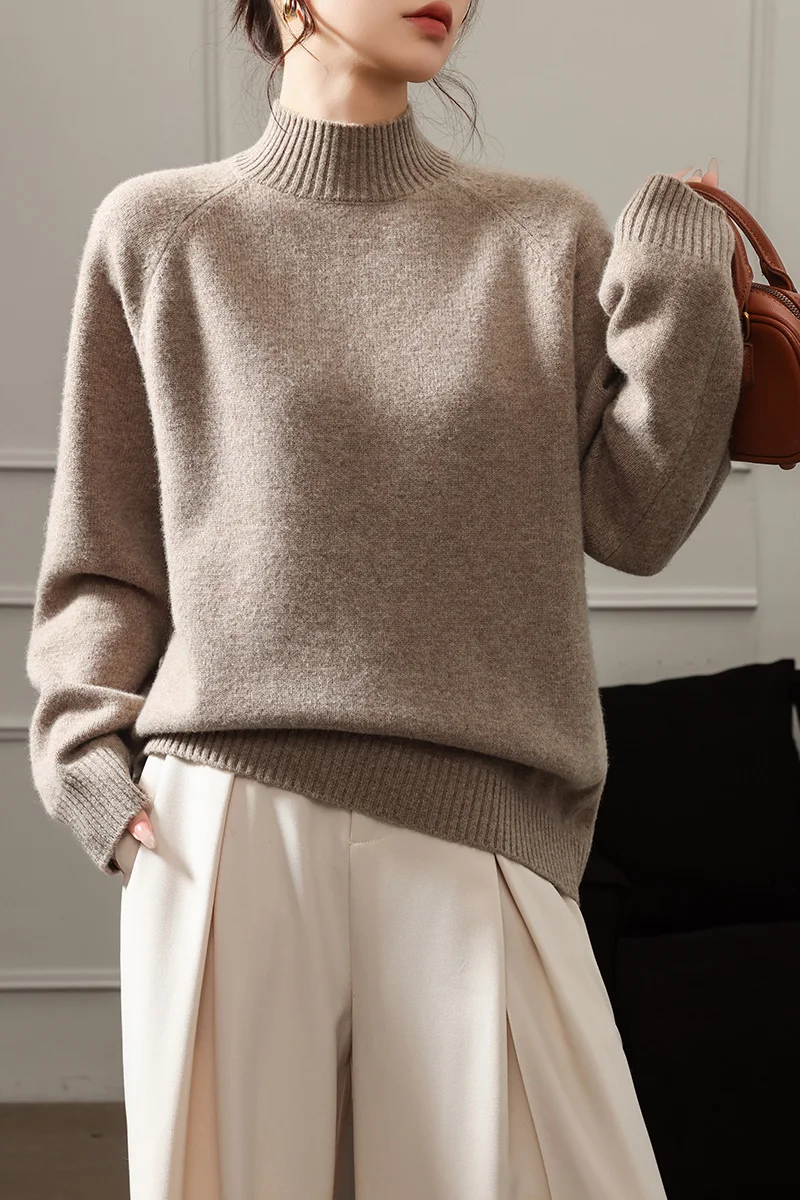 

Женский свитер из 100% мериносовой шерсти, однотонный, с воротником-стойкой, вязаный, толстый, для осени и зимы, повседневная одежда, мягкий, теплый, для отдыха