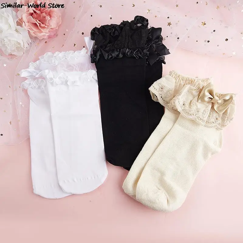 Lolita Socks Japanese Style Maiden Lovely Woman Lace Middle Socks Summer Sweet Ruffle Bows Cotton Princess Socks High Quality