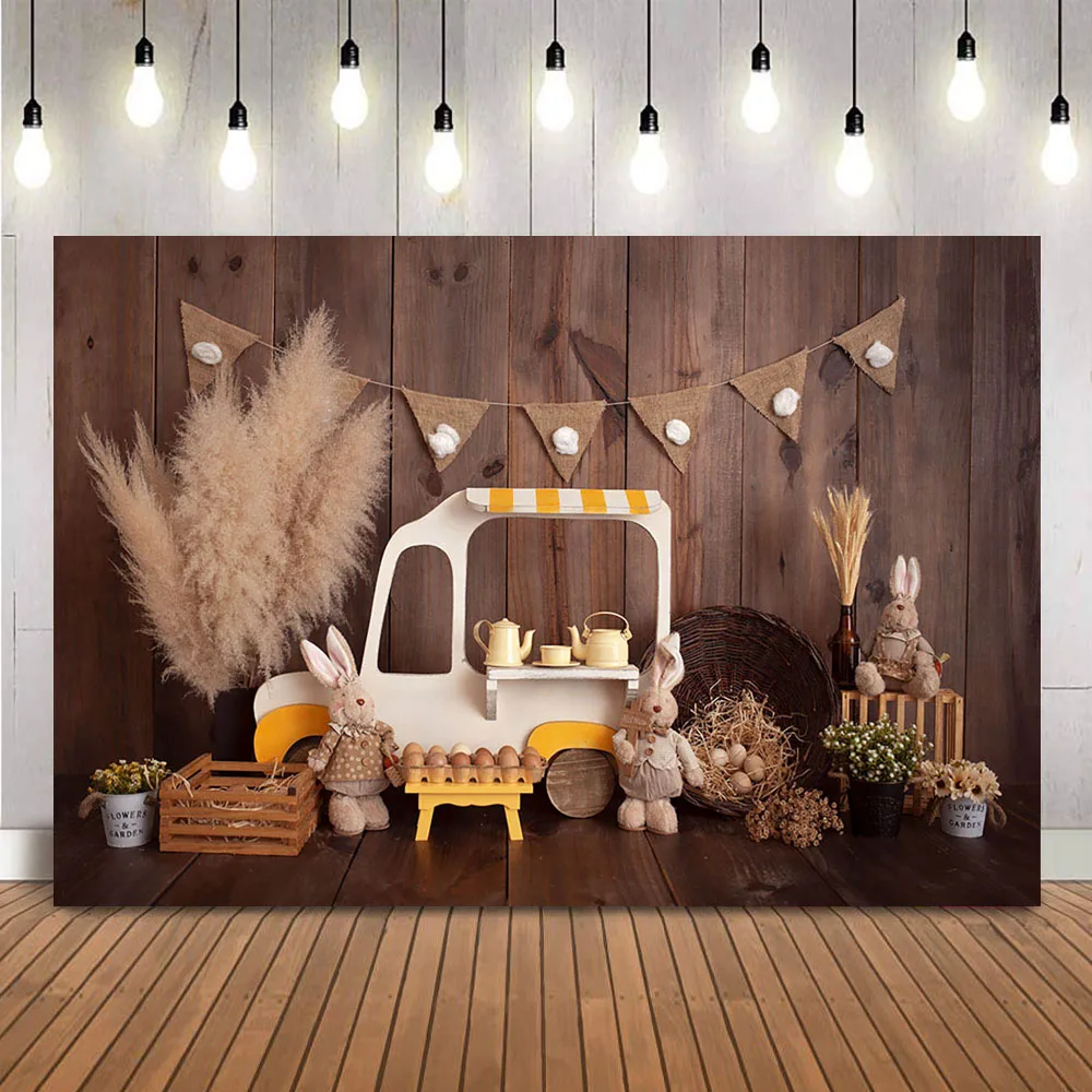 

Easter Bunnies Egg Backdrop for Photographic Studio Rustic Wood Floor Cake Smash Portrait Background for Family Photography Prop