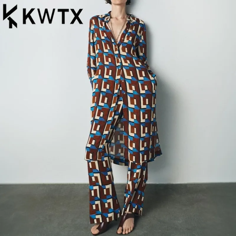 

KWTX 2025 Spring Women’s Two Piece Set Multicolor Print Long Sleeve Shirt & Flare Pants Elegant High Quality Spring Summer