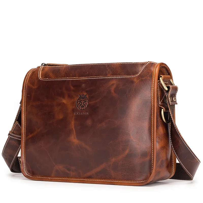 

Top Layer Cowhide Men's Fashion Single Shoulder Crossbody Bag Men's Vintage Oil Wax Genuine Leather Messenger Bag