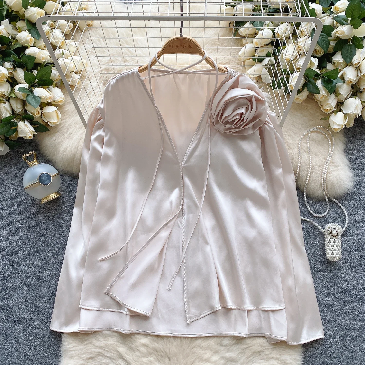 Elegant Satin Three-dimensional Flower Long Sleeve Blouse Chic Vintage Korean Fashion Crop Top Women Autumn Shirts Clothing