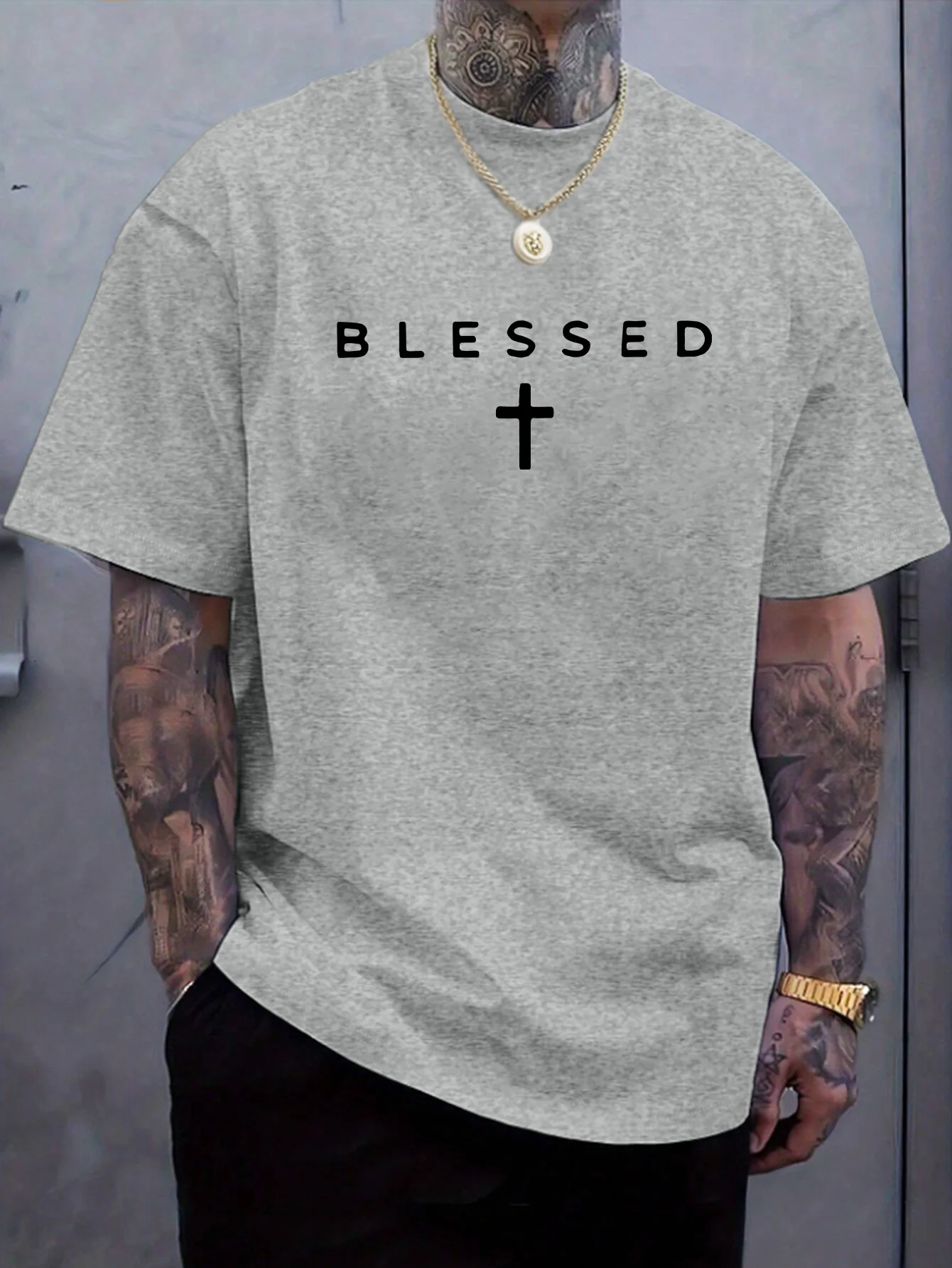 100% Cotton Men's Casual Loose Breathable Fashionable Blessed Cross Print Comfortable Sports Short-Sleeved Round Neck T-Shirt