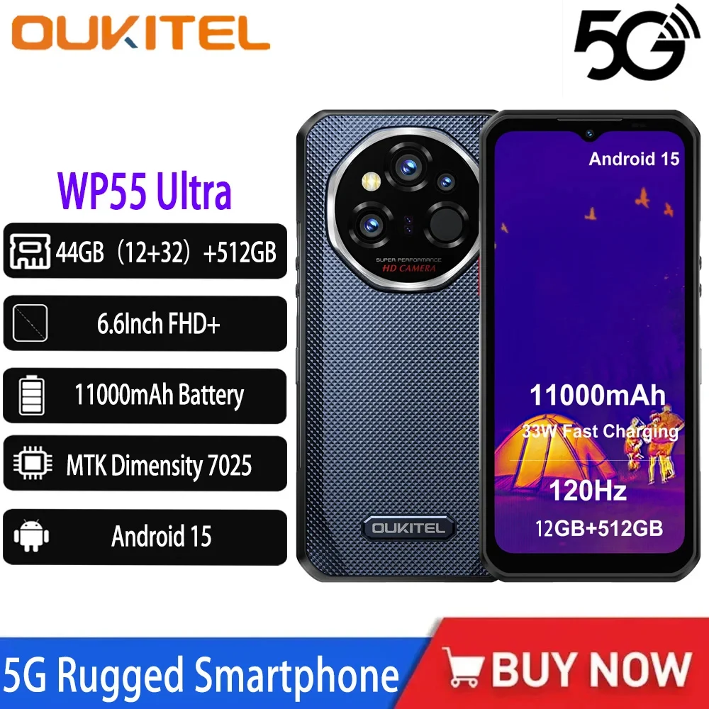 OUKITEL WP55 Ultra Rugged Smartphone Android 15 Thermal Imaging Phone 44GB+512GB 11000mAh 108MP 6.6“ 5G NFC OTA Support Phone
