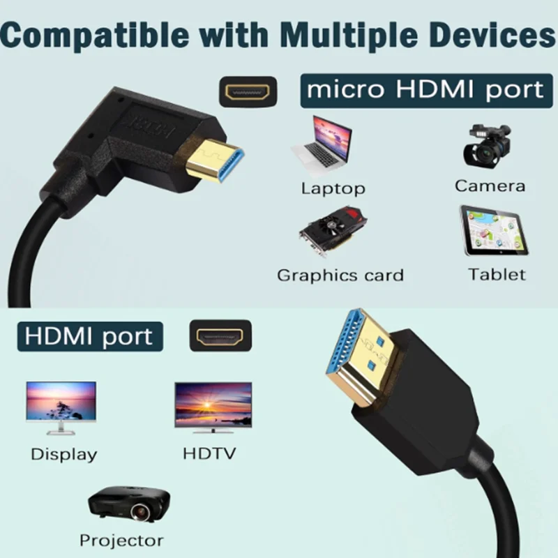 Elbow Micro HDMI-Compatible To HDMI-Compatible 2.1 8K 60Hz 4K 120Hz 48Gbps Camera Video TV Box PS5 HD Ultra Thin Cable OD4.0mm