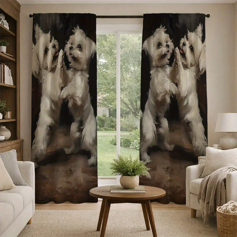 Cute White Dog Puppy Curtains, Funny Standing Pet Print Window Drapes, Realistic Animal Decor, Blackout Fabric for Living Room