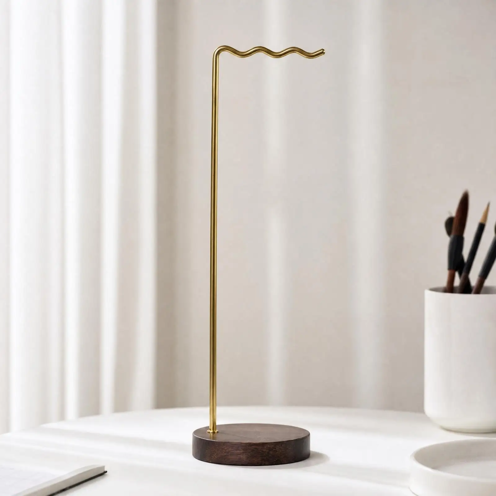 Chinese Brush Hanger Wood Base Brass Arm Pen Stand for Artist Paintbrush Storage Organizer