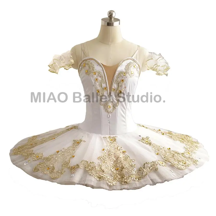 Paqueta – Costume de ballet Tutu pour adultes, plateau classique, blanc et or, scène de mariage, professionnel, pancake, ballerines pour adultes, 0075