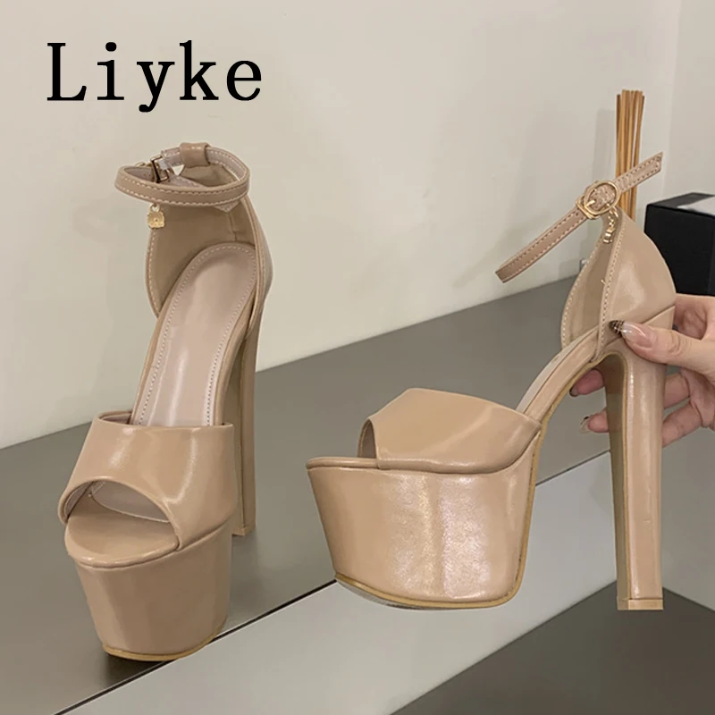 Liyke Model Show 17CM Extreme High Heels Chunky Platform Sandals Women Sexy Thick Bottom Peep Toe Buckle Strap Party Dress Shoes