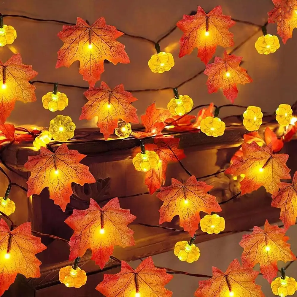 

Artificial Autumn Maple Leaves Pumpkin Garland LED Fairy String Light Christmas Thanksgiving Decoration DIY Halloween Party Home