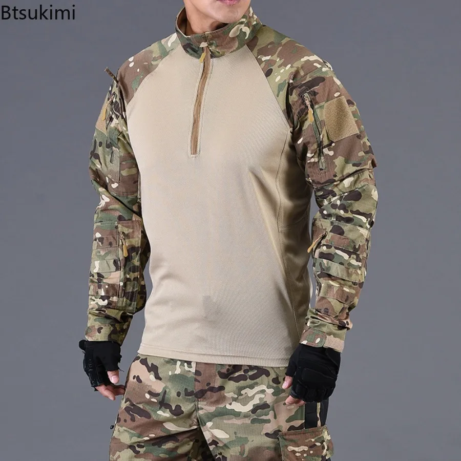 Spring Summer Men's Quick-Dry Long Sleeve Tactical Shirt CP Camo Breathable Outdoor Training Hiking Camping Tops