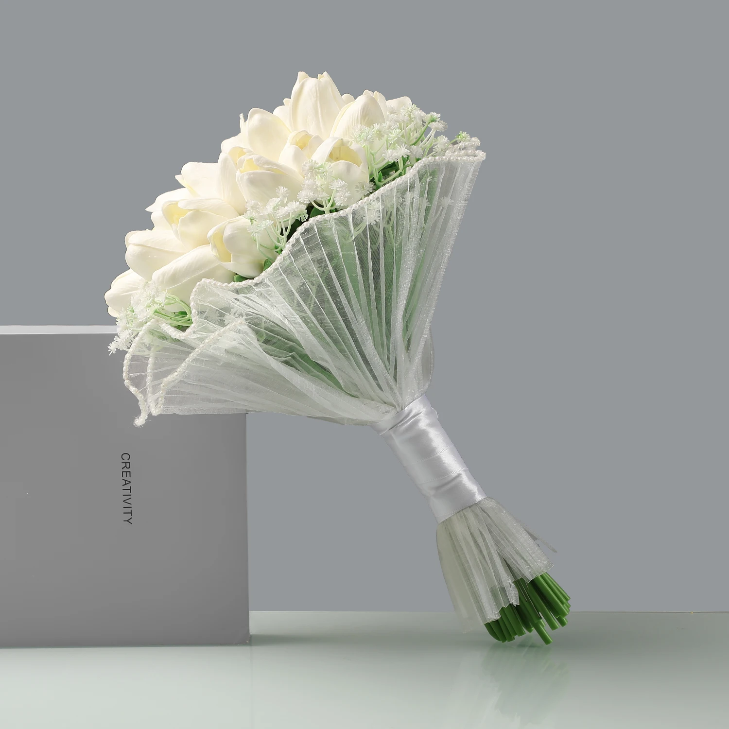 Minimalist White Tulip Bridal Bouquet with Baby's Breath for Spring Wedding, Elopement and Photo Shoot Props