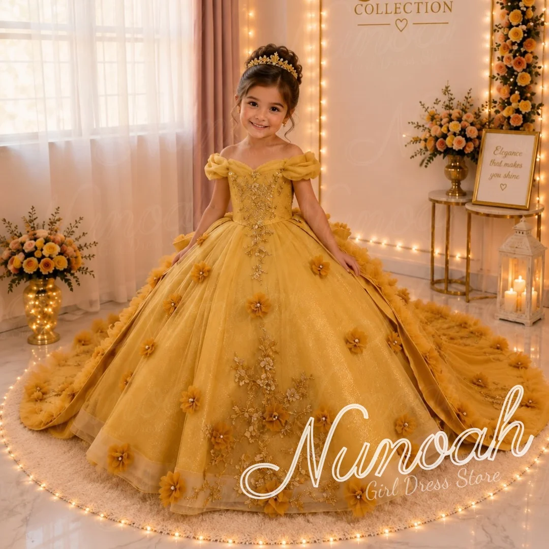 Gold Flower Girl Dress For Wedding Trail Floral Lace Appliques Floor Length Girl Birthday Party First Communion Gowns Customized