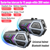 Helmet Headset 10 Riders 2000M Intercom Motorcycle Mesh Intercom Hands-Free Calling Bluetooth 5.3Ip67 Waterproof 1200Mah Headset
