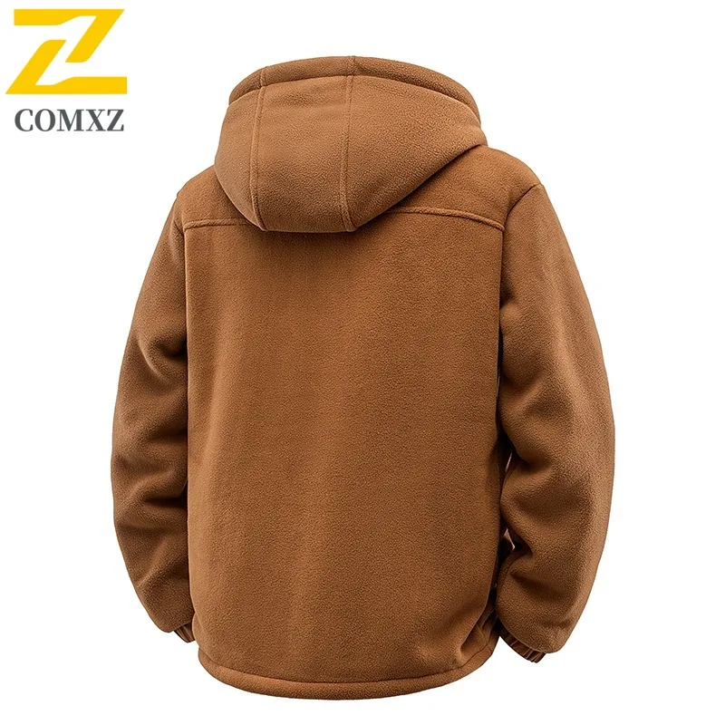 COMXZ 2025 Hooded Fleece Jacket Men Autumn Winter Thick Polar Fleece Casual Hoodie Loose Plus Size Lamb Fleece Coat 9099M New