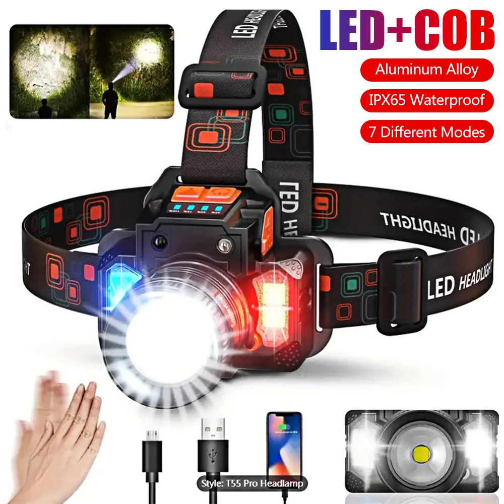 

LED Headlamp with 7Modes 3000LM Rechargeable Waterproof Red/Blue COB Lights Outdoor Strong Light Headlight Head Light Flashlight