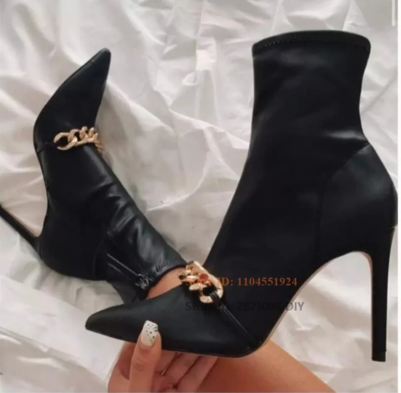 Fashion Pointed Toe Black Stretch Leather Stilettos Ankle Boots Pointed Toe with Gold Chains Women Bota