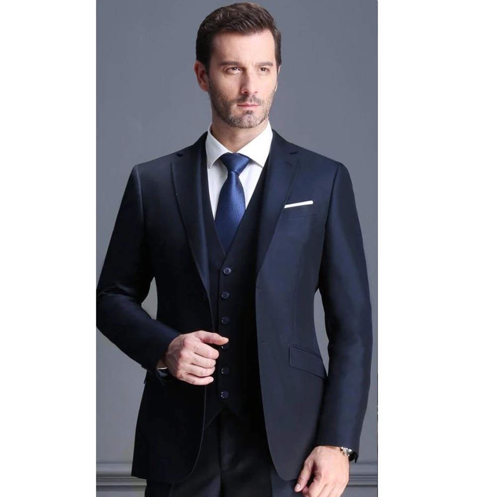 Elegant Suits for Men Navy Blue Fashion 3 Piece High-end Notch Lapel Blazer Vest Pants Business Formal Wedding Tuxedo Male Suit