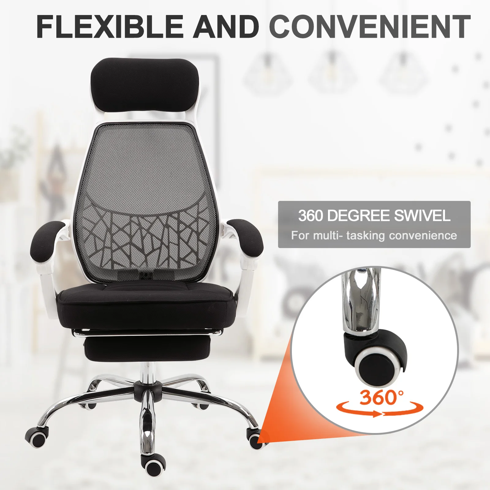 Ergonomic High Back Mesh Office Chair Swivel Reclining Computer Desk Chair with Retractable Footrest, Headrest, Padded Armrest view 5