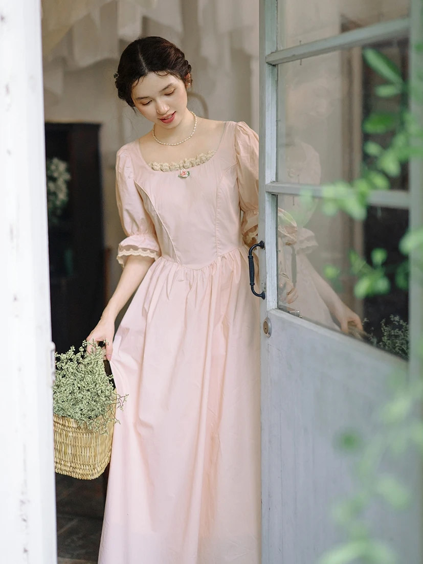 84-96cm Bust  Spring Summer Maxi Dresses For Women Victorian Vintage Elegant Slim Waist Comfortable 100%Cotton Pink Dresses