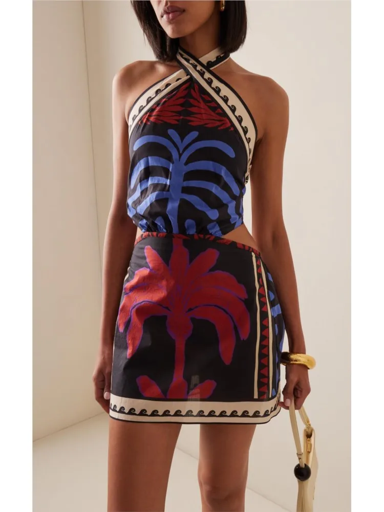 

Summer Sexy Style Hanging Neck Positioning Print Vacation Beach Skirt Women's Personality Street High Waist Sleeveless Dress