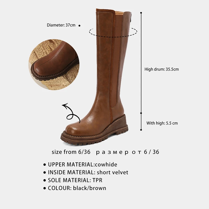 Ods 2024 Women Knee-High Boots Genuine Leather Round Toe Thick high Heels Zipper Casual Party Autumn Winter Shoes Woman 40 41 42