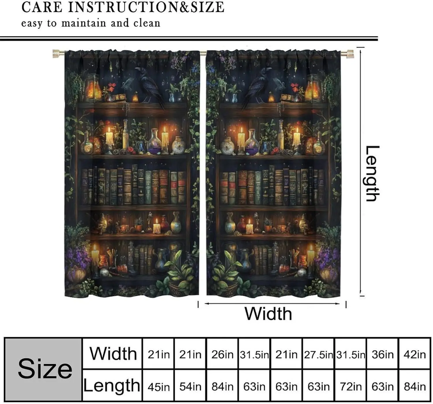 Witch Bookshelf Curtain Magic Book Raven Candle Potion Vine Print Light Filter Drape For Bedroom Study Homestay Decor