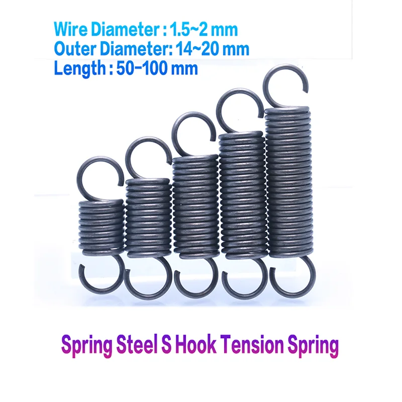 Tension Spring Pullback Spring Coil, Aço S Hook, Extensão Spring Wire, Diâmetro 1.5mm a 2mm, Diâmetro 14mm a 20mm, Calado