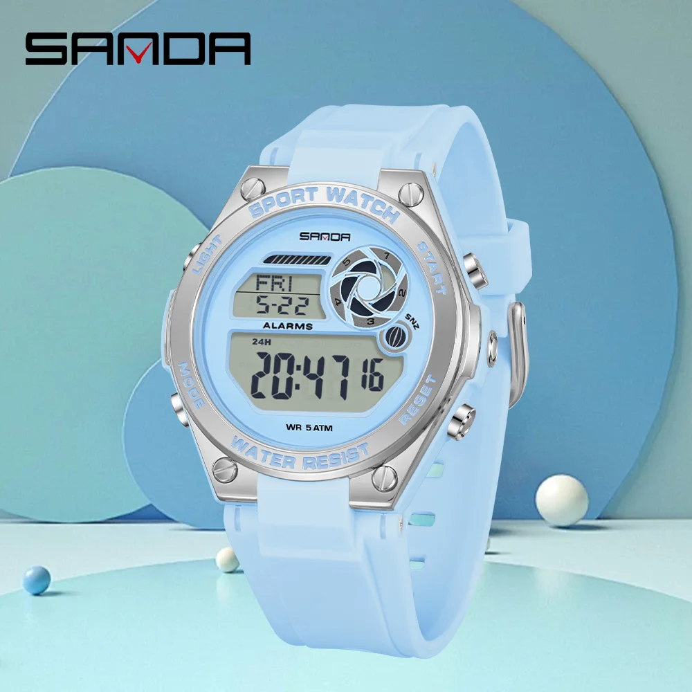SANDA 2026 New 9098 Women's Sports Luxury Brand Watch Women's TPU Strap Night Light Waterproof Week Date Digital Leisure Watch