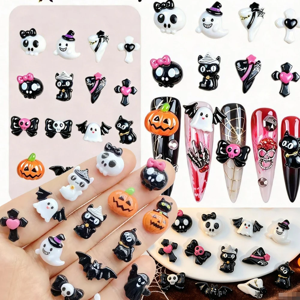 50 Breloques en résine pour nail art Halloween, 3D, assorties, motifs fantômes, citrouilles, crânes, chauves-souris, accessoires pour ongles, artisanat DIY, décoration d'ongles #