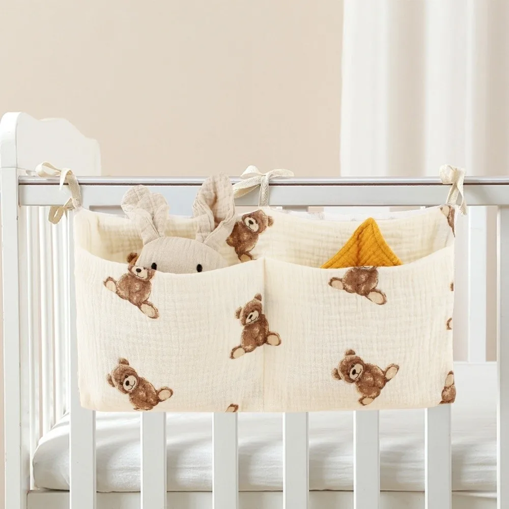 Double-Layer Children's Storage Bag Foldable Pure Cotton Baby Crib Hanging Bag Double Pocket Multifunctional
