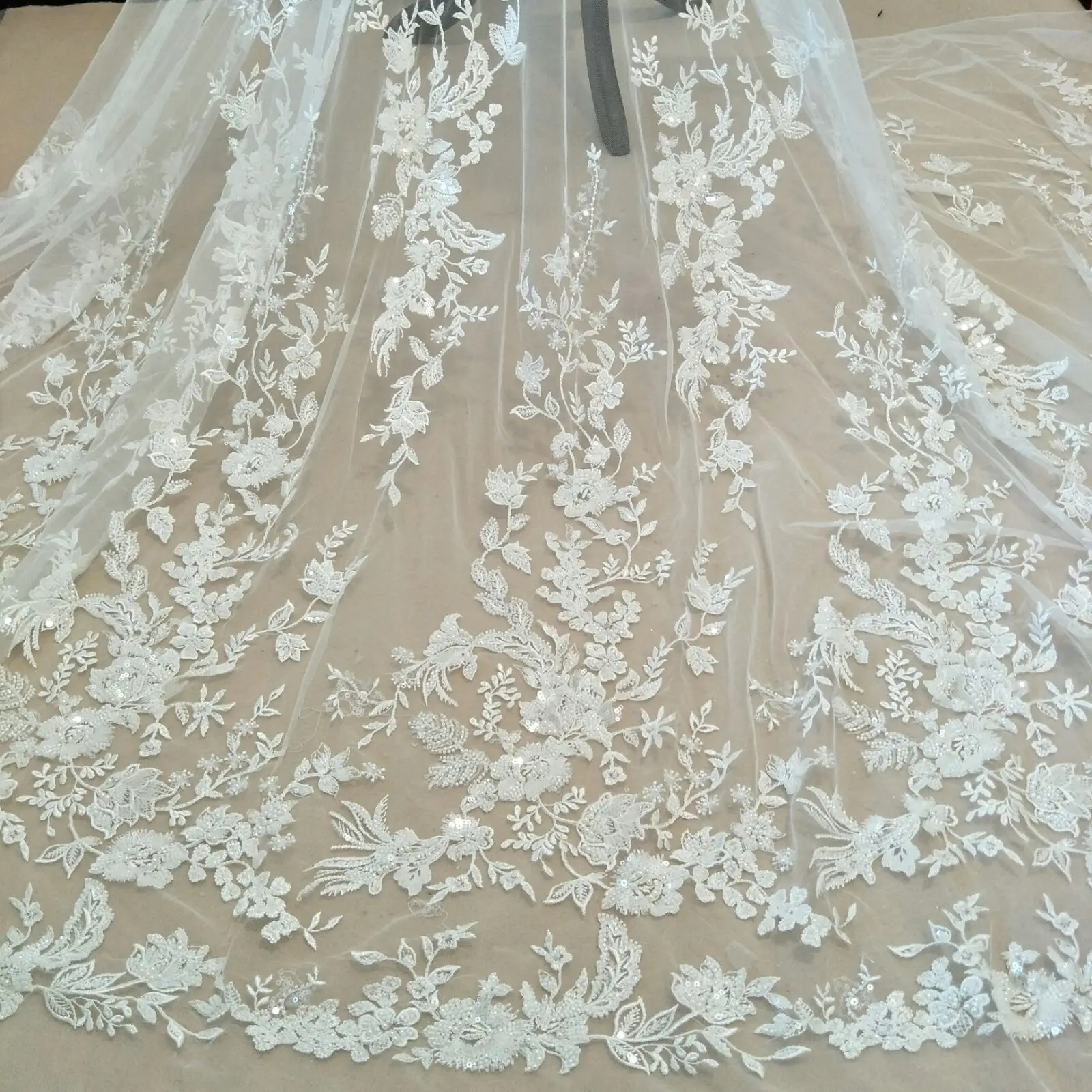 Luxury Lace Ribbon Wedding Dress, DIY Fabric with Beads and Sequins, Wide, 135cm, Sold by Yard