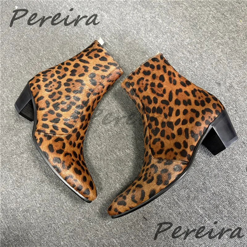 Men's Leopard Print Horsehair Chelsea Boots Pointed Toe Genuine Leather Side Zipper High Heels Autumn Winter Trendy Short Boots
