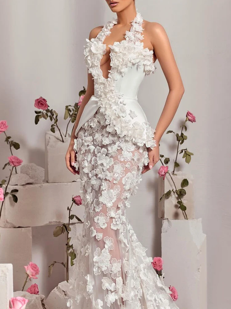VC 섹시 갈라스 화이트 3D 플로럴 딥 브이넥 홀터 머메이드 드레스 웨딩 파티 가운