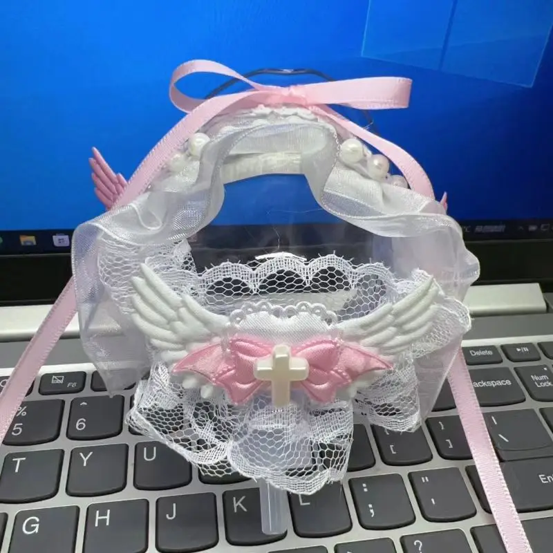 Lolita Y2K Girls Lace Bow Angel Wing Oxygen Mask Steampunk Transparent Pvc Breath Mask Cosplay Prop