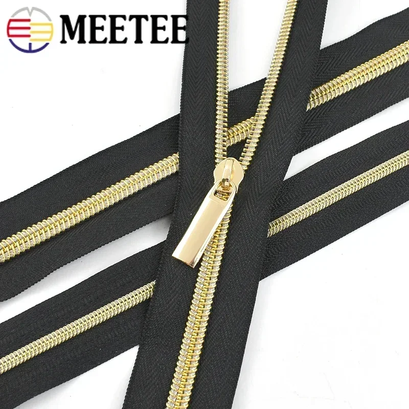 10Meters Gold Nylon Zipper Tape 3# 5# Continuous Decorative Zip Coil with Puller Slider Bag Clothes Jacket Sewing Accessories