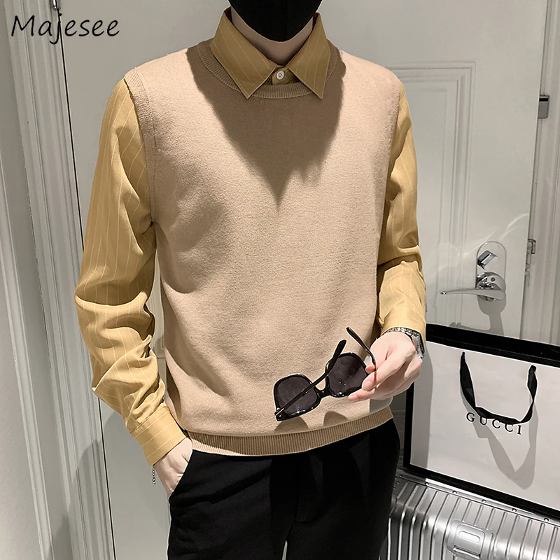 

Black Khaki Pullovers Men Teens Hip Hop Design Streetwear Knitwear Ulzzang Unisex Two Fake Pieces Ins Casual Long Sleeve Sweater