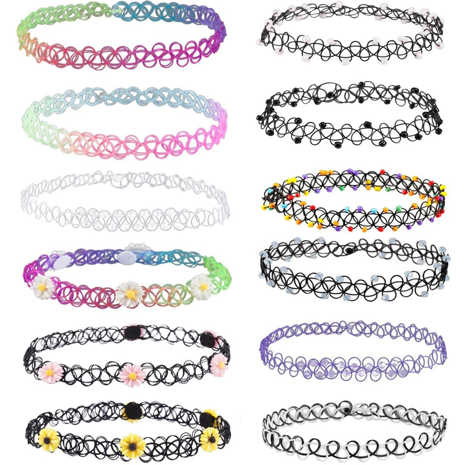 12PCS/Set Mixed Color Tattoo Rainbow Chokers Vintage Gothic Punk Elastic Necklace Women Jewelry Party Wear Decoration for Girls