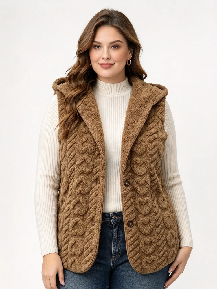 Plus Size Women Fleece Vest Hooded Sleeveless Button Down Teddy Gilet Heart Textured Warm Fluffy Waistcoat Casual For Daily