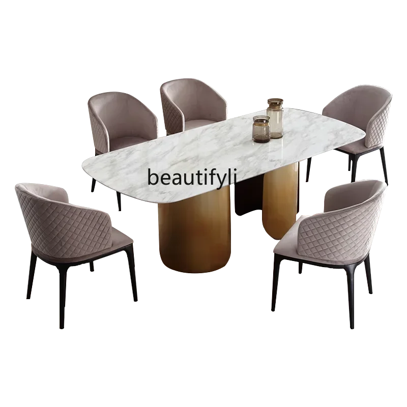 

Italian light luxury modern marble dining table and chair combination rectangular model room 6 people dining table customization