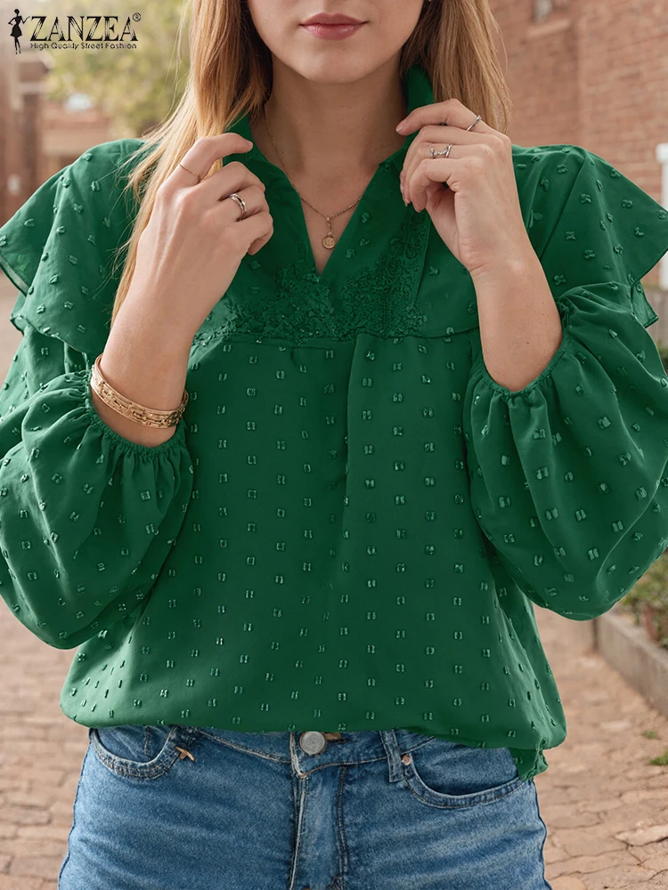 

ZANZEA Women Fashion Blouse 2025 Autumn Long Puff Sleeve Tops Casual Loose Vintage Office Ruffled Tunics Holiday Tops OL Blusas