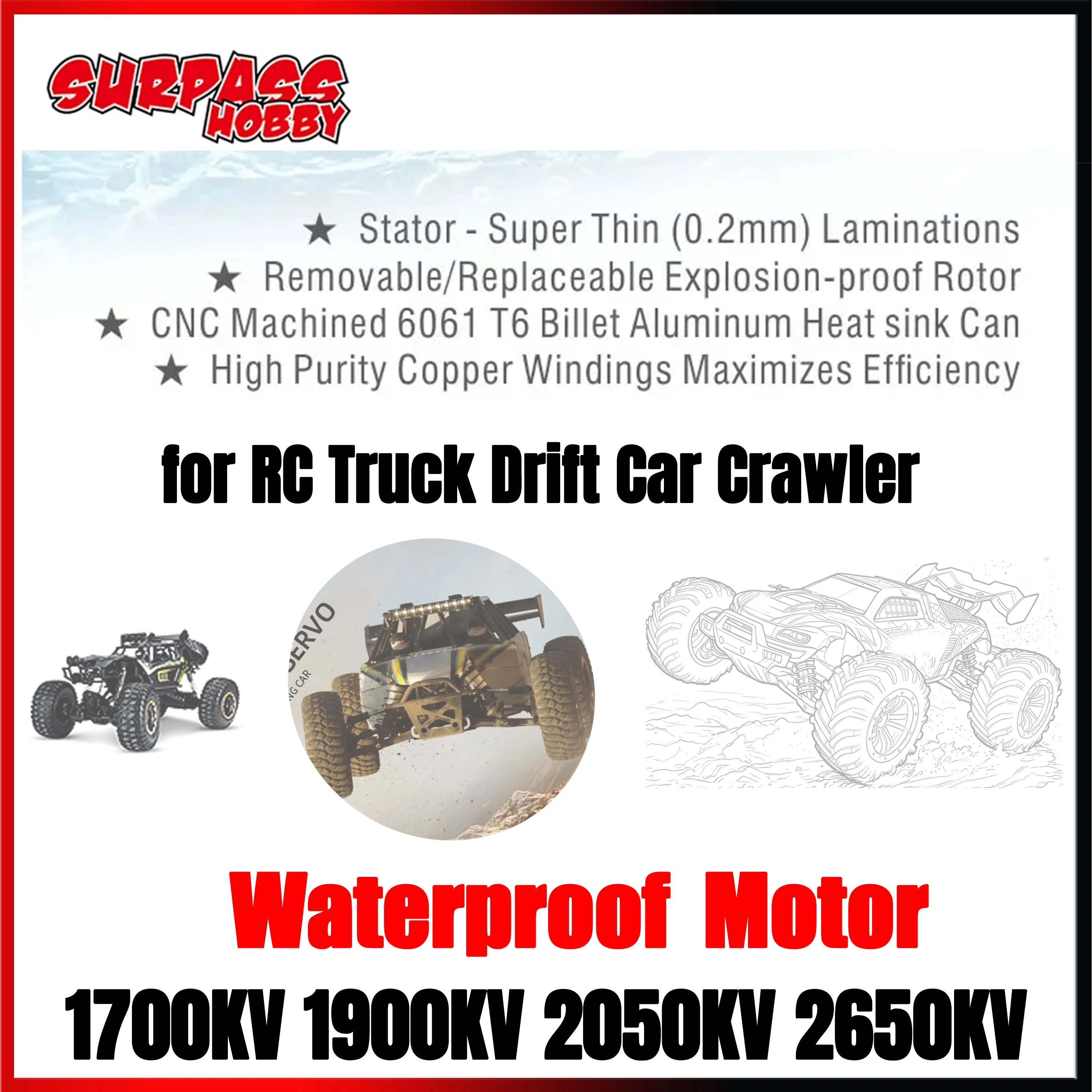 

SURPASS HOBBY Rocket 4068 Waterproof Brushless Motor 1700/1900/2050/2650KV for 1/8 RC Truck Drift Car Crawler Buggy Part Wltoys