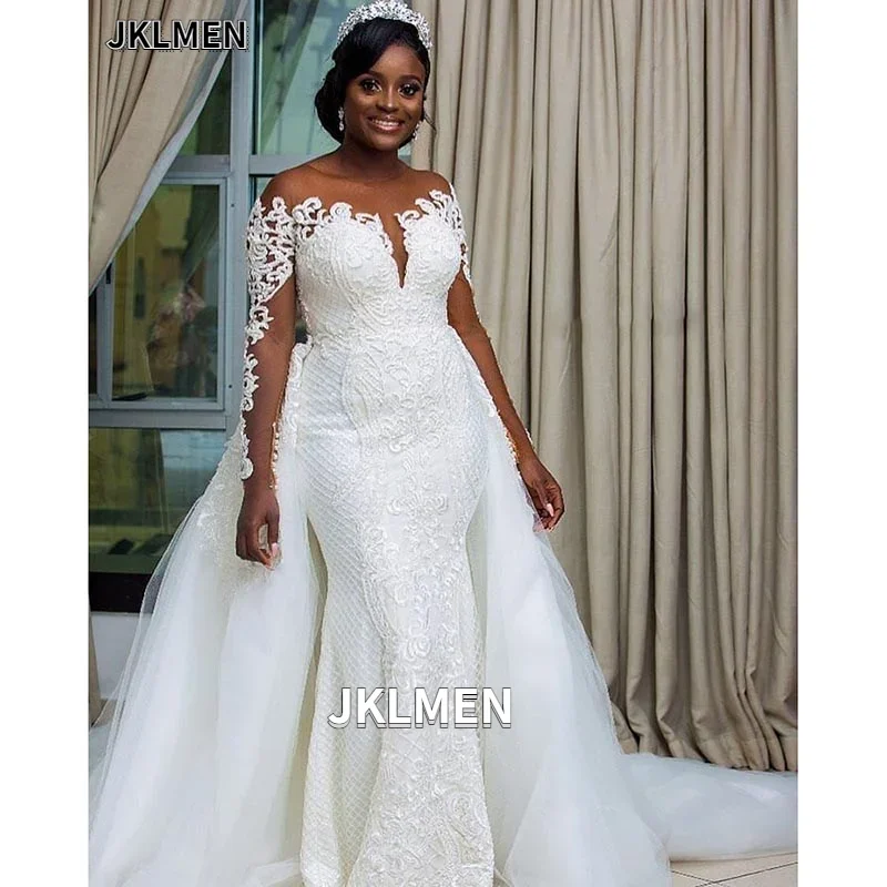 Abiti da sposa a sirena sudafricana con strascico staccabile, collo trasparente, spalle scoperte, maniche lunghe, abiti da sposa da sposa 2021