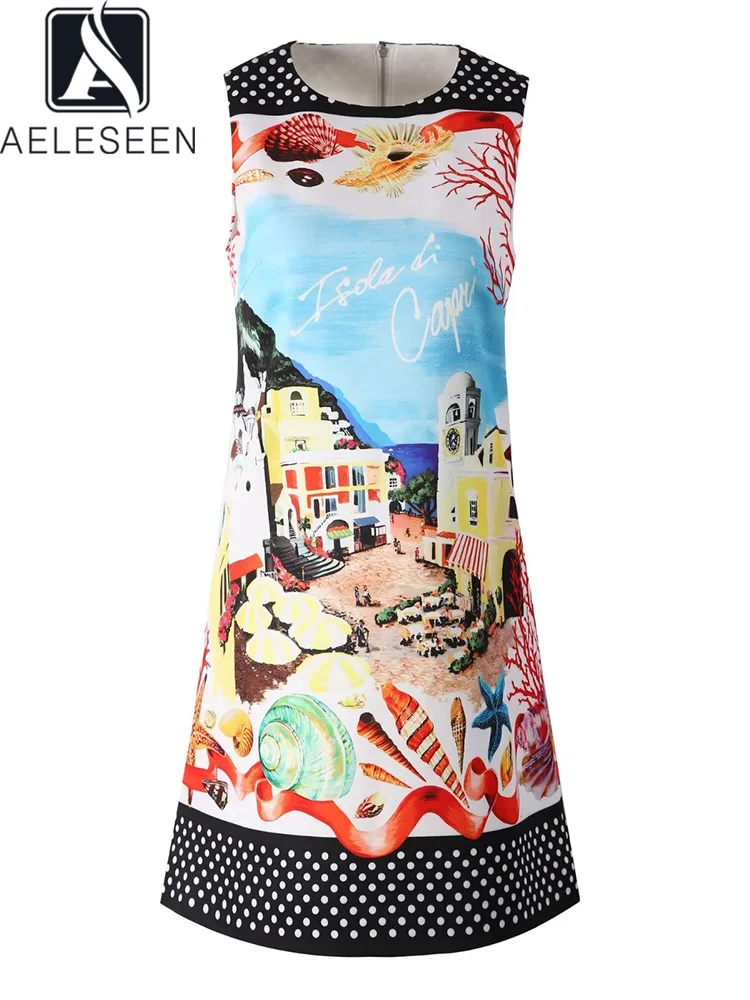 

AELESEEN Sicilian Summer Mini Dress Women Casual Sleeveless Dots Scenery Printed A-line Holiday Vacation Tank Dress