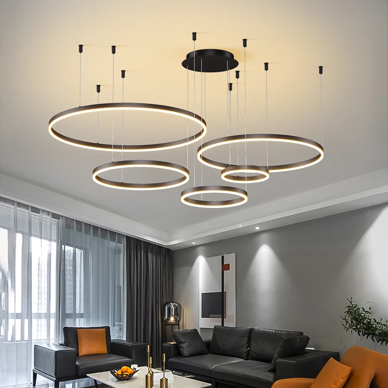 

Minimalist LED Circle Rings Chandelier Home Indoor Living Dining Room Decor Hanging Lamp Pendant Light Brushed Gold Black Lustre