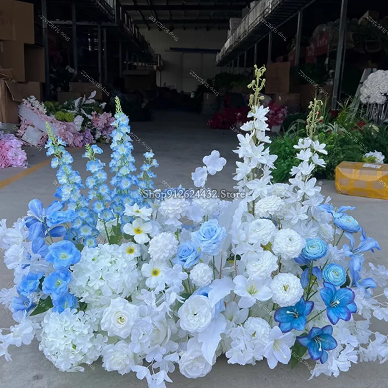 فاخر أزرق أبيض روز الطابق زهرة الاصطناعي شنقا زهرة صف الزفاف خلفية ديكور ترتيب لأحداث الحفلات في الهواء الطلق #5