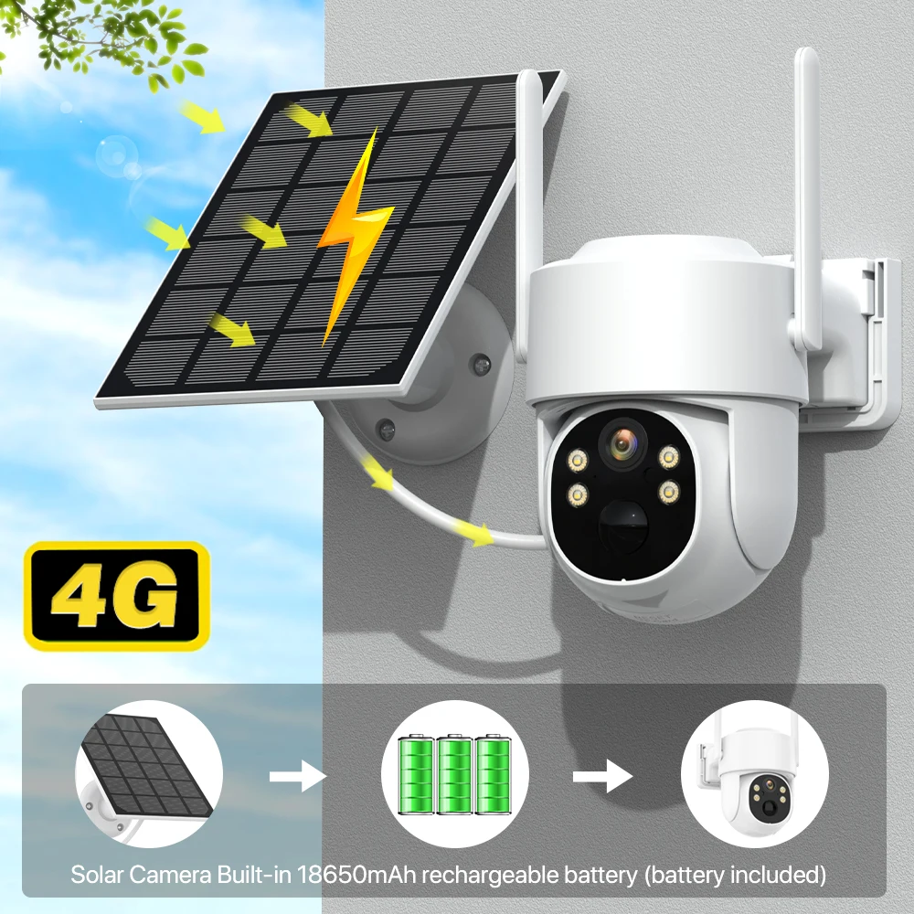 Wireless Outdoor Security Camera With 4G SIM Card Built-in Battery Solar Wifi Camera 4MP Video Surveillance PTZ IP Cam iCSee