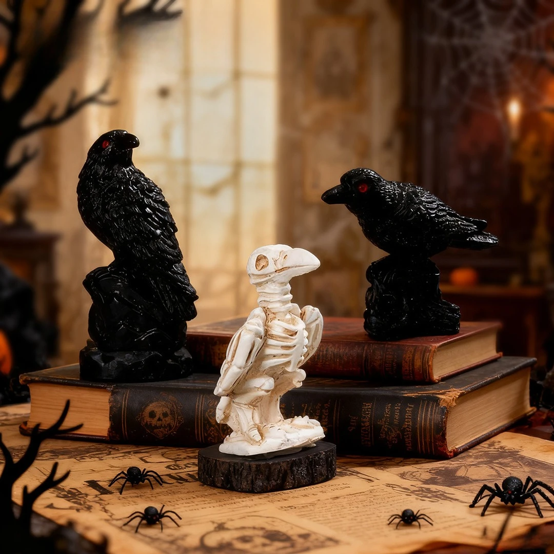 Gothic Crow Resin Figurines, Black Raven & Skeleton Bird Statue, Spooky Desktop Ornament for Halloween & Dark Style Decor