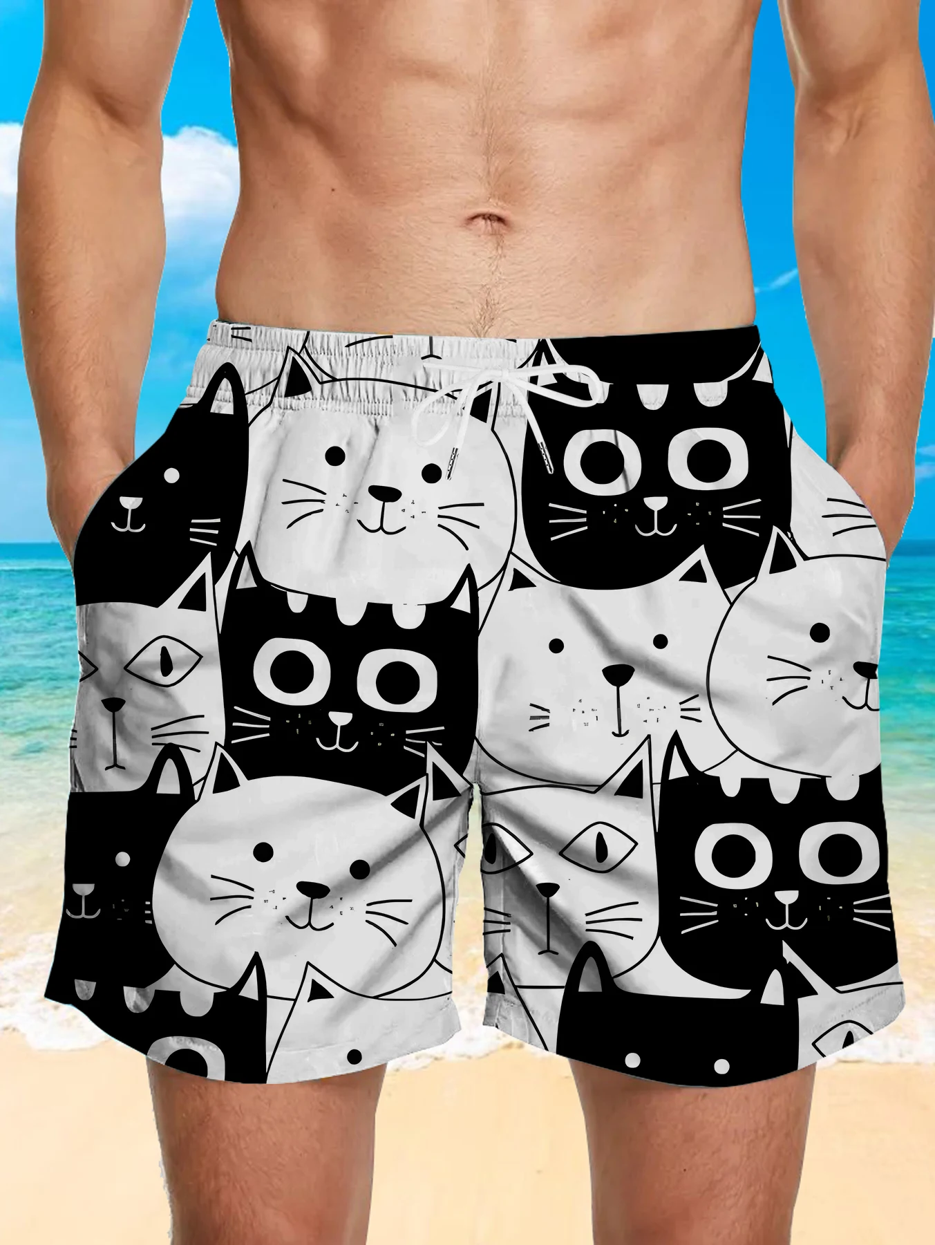 

Elastic Waist Men Beach Shorts Full Digital Print Polyester Quick Dry Swimwear